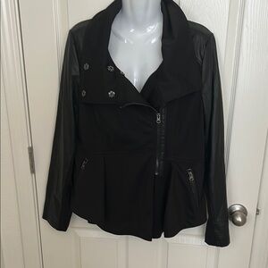 Black Leather Jacket with Asymmetrical Zipper and Wide Lapel